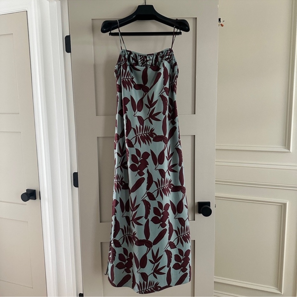 Anthropologie Maroon and Gray Leaf Print Midi Dress